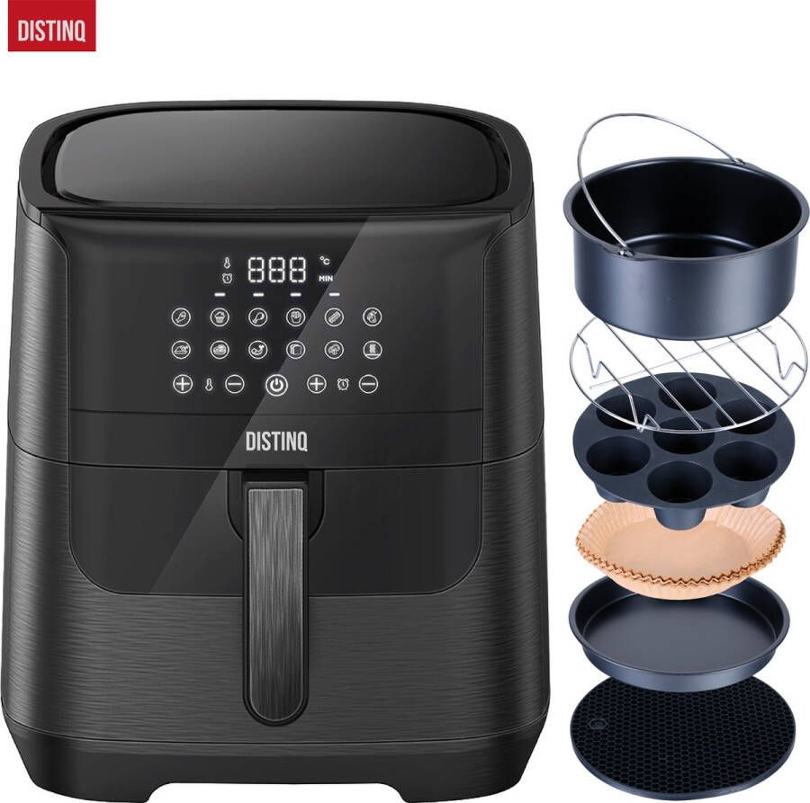 DistinQ Heteluchtfriteuse- 1800Watt Inhoud 6 5 liter AirFryer Zwart + Accessoires Set