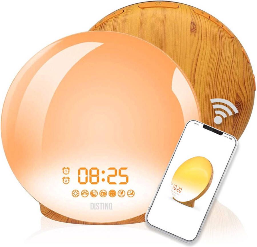 DistinQ Wake-Up Light – Wifi Smart – Wekkerradio met dubbele wektijd – Slaaphulp met USB aansluiting Houtkleurig