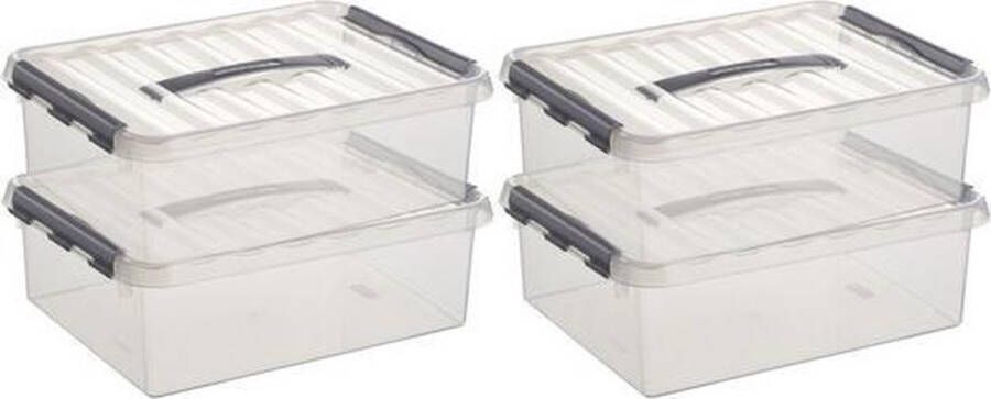 4x Sunware Q-Line opberg box opbergdoos 10 liter 40 x 30 x 11 cm kunststof A4 formaat opslagbox Opbergbak kunststof transparant zilver