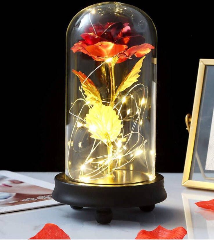 Gouden Roos in glazen stolp met LED | Cadeau voor haar | Valentijn cadeautje vrouw | Moederdag cadeau | Decoratie | Trouw & Liefde | Cadeautip