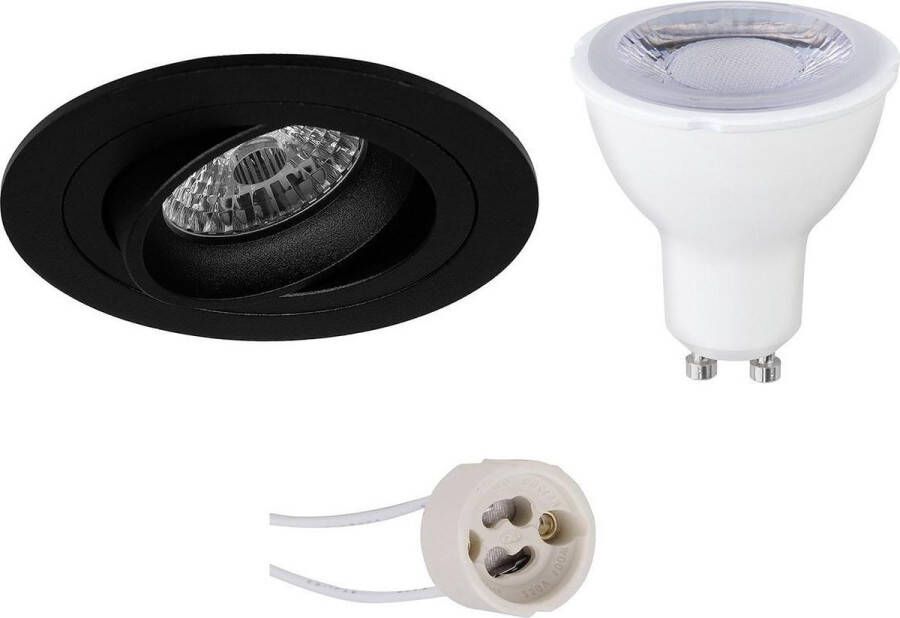 LED Spot Set Pragmi Alpin Pro GU10 Fitting Dimbaar Inbouw Rond Mat Zwart 6W Helder Koud Wit 6400K Kantelbaar Ø92mm