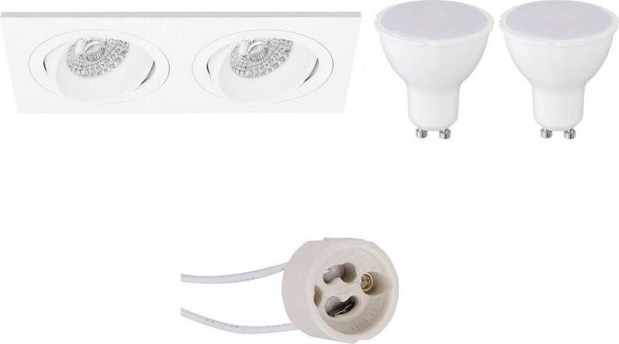 LED Spot Set Pragmi Borny Pro GU10 Fitting Inbouw Rechthoek Dubbel Mat Wit 6W Natuurlijk Wit 4200K Kantelbaar 175x92mm