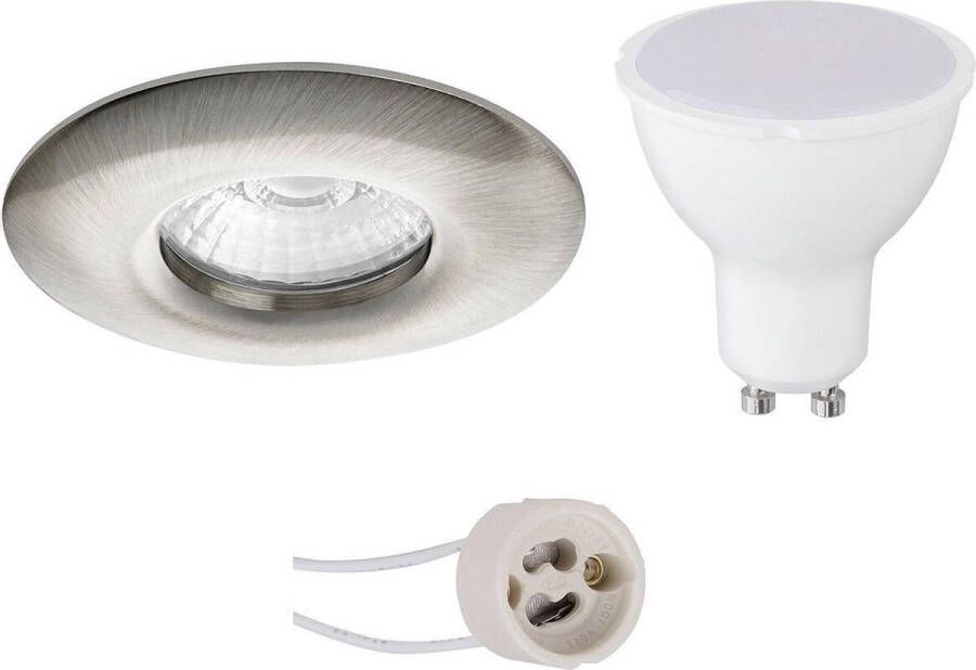 BES LED Spot Set Pragmi Luno Pro Waterdicht IP65 GU10 Fitting Dimbaar Inbouw Rond Mat Nikkel 6W Natuurlijk Wit 4200K Ø82mm