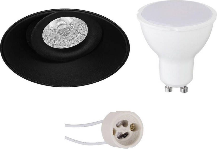 LED Spot Set Pragmi Nivas Pro GU10 Fitting Dimbaar Inbouw Rond Mat Zwart 6W Helder Koud Wit 6400K Trimless Kantelbaar Ø150mm