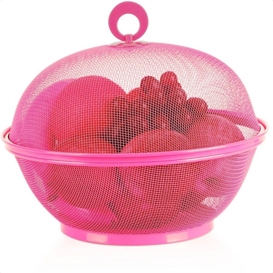Merk onbekend 2-delige set fruitmand met deksel metalen kom en vliegenkap voedselscherm groentemand decoratieve fruitschaal voedselcontainer (01 stuks roze)
