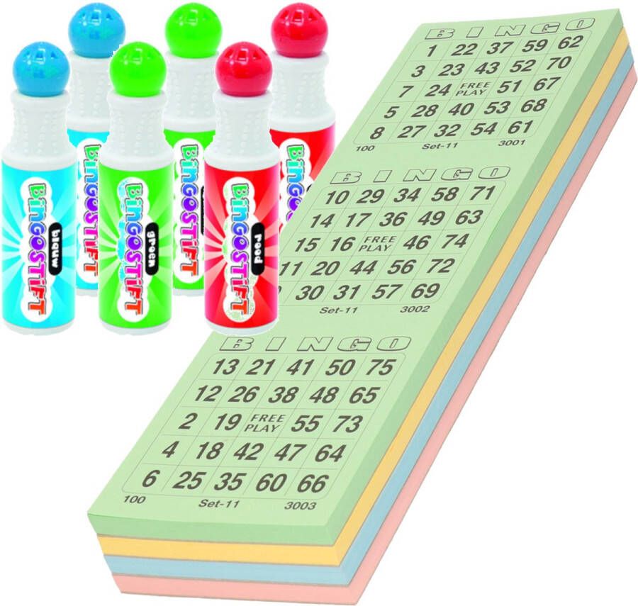 Merkloos Sans marque 100x Bingokaarten nummers 1-75 inclusief 6x bingostiften blauw groen rood