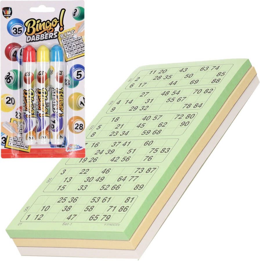 Merkloos Sans marque 100x Bingokaarten nummers 1-90 inclusief 3x bingo stiften blauw geel rood