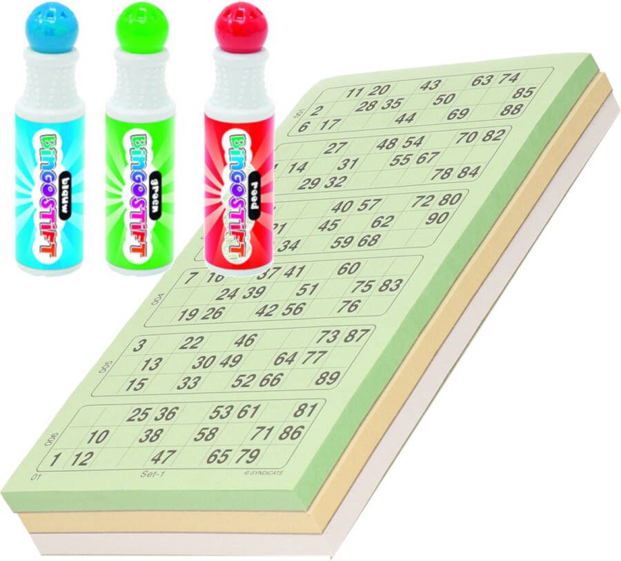 Merkloos Sans marque 100x Bingokaarten nummers 1-90 inclusief 3x bingo stiften blauw groen rood