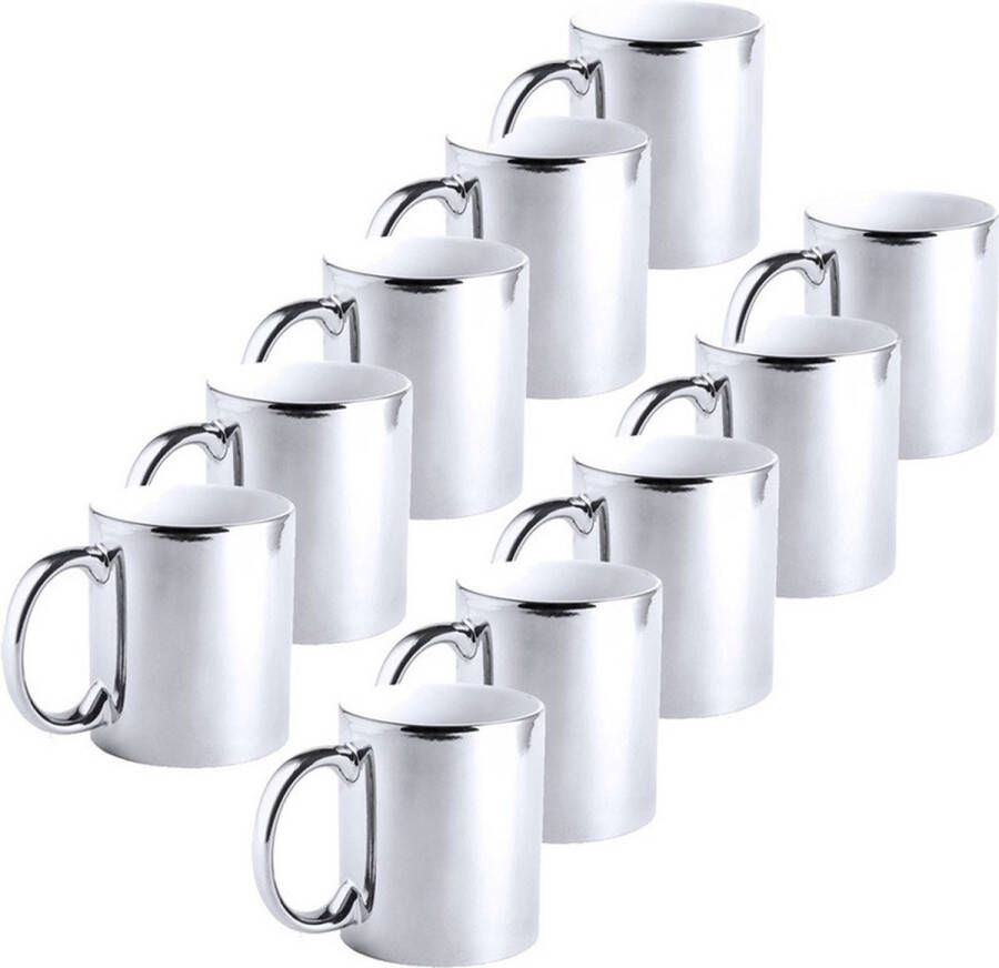 Merkloos Sans marque 10x Metallic zilveren koffiebekers theemokken keramisch 350 ml Servies Bekers mokken