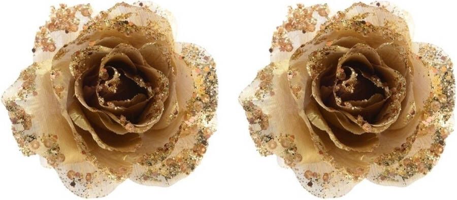 Merkloos Sans marque 10x stuks gouden glitter rozen met clip 14 cm Kerst decoratie kunstbloemen