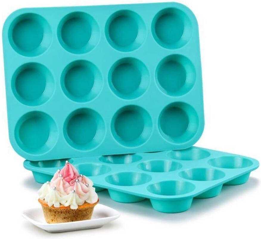 Merkloos Sans marque 12-Muffinbakvorm Lichtblauw Siliconen Bakvorm Cupcake Bakvorm Muffinvorm Cupcake Vormpjes Muffin Cupcake Non Stick 12 Stuks