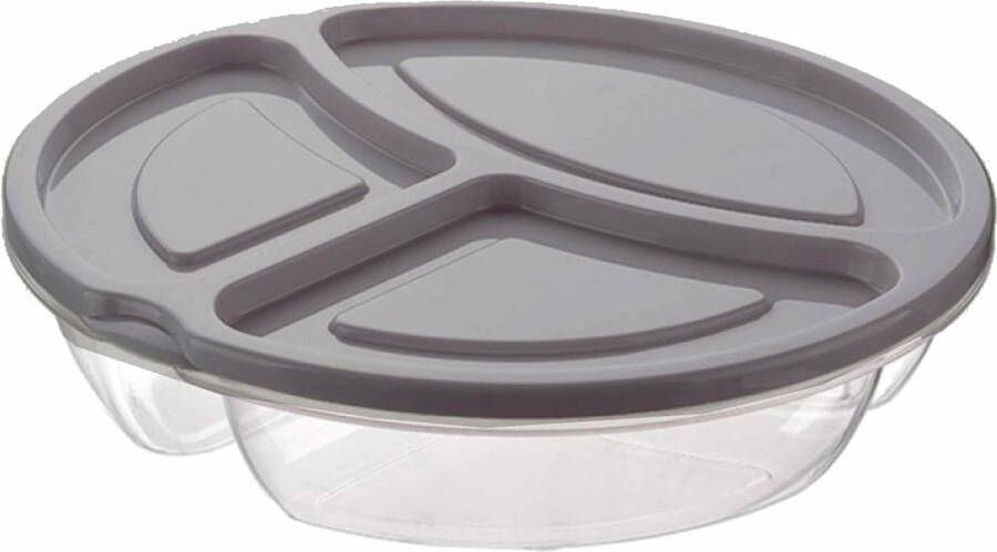 Merkloos Sans marque 1x Lunchboxen bewaarbakjes rond 3- vaks licht grijs met deksel 2.6 liter Keukenbenodigdheden Eten bewaren Vershoudbakjes