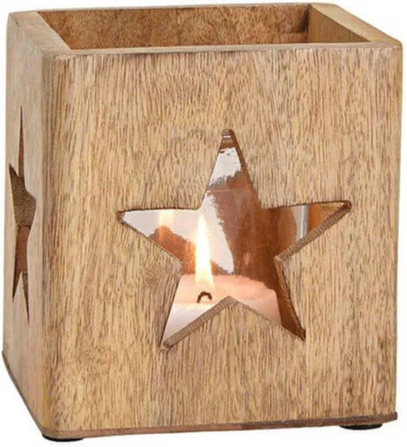 Merkloos Sans marque 1x stuks houten windlichtje theelichthouders met ster 12 cm Kerstdecoratie waxinelicht houders