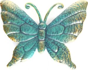 Merkloos Sans marque 1x Tuindecoratie vlinder van metaal turquoise goud 22 cm Metalen schutting decoratie vlinders Dierenbeelden tuindecoratie