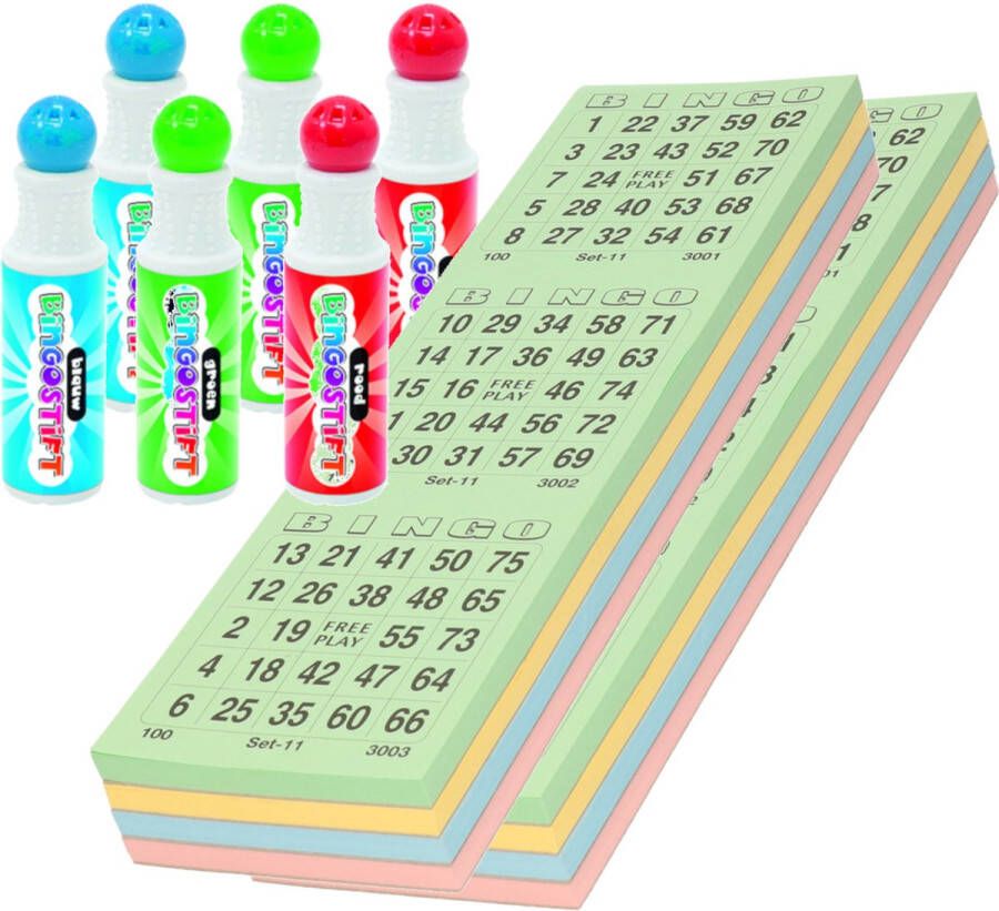 Merkloos Sans marque 200x Bingokaarten nummers 1-75 inclusief 6x bingostiften blauw groen rood
