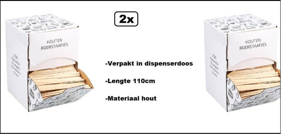 Merkloos Sans marque 2x BIO Roerstaafjes 2000 stuks hout in dispenser box Roer staafjes koffie melk suiker hout festival thema feest verjaardag werk lepel