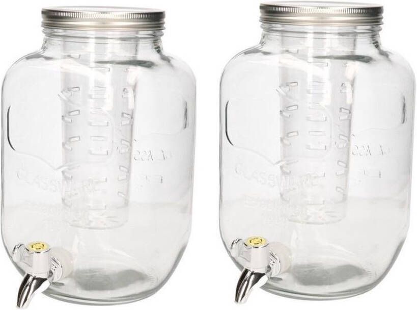 Merkloos Sans marque 2x Glazen drank dispenser limonadetap met kraantje 4 liter en fruit infuser Twee stuks