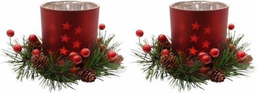 Merkloos 2x Kerstdecoratie theelichthouders rood 8 cm Waxinelichtjeshouders
