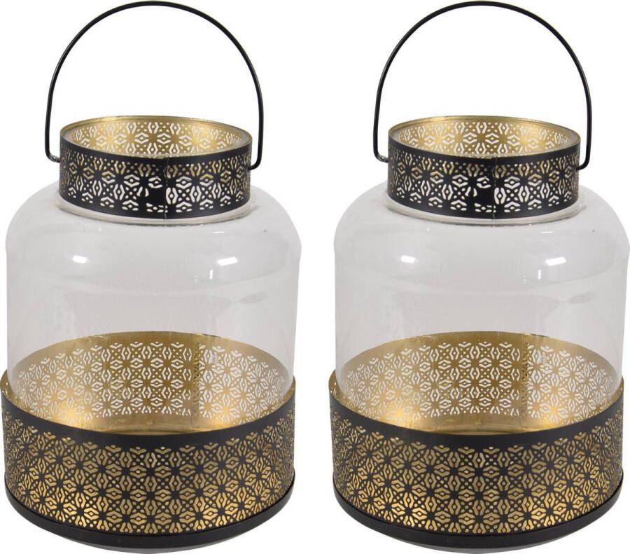 Merkloos Sans marque 2x Lantaarns windlichten zwart goud Marokkaanse stijl 20 x 28 cm metaal en glas Gebruik tuin woonkamer Thema Oosters arabisch