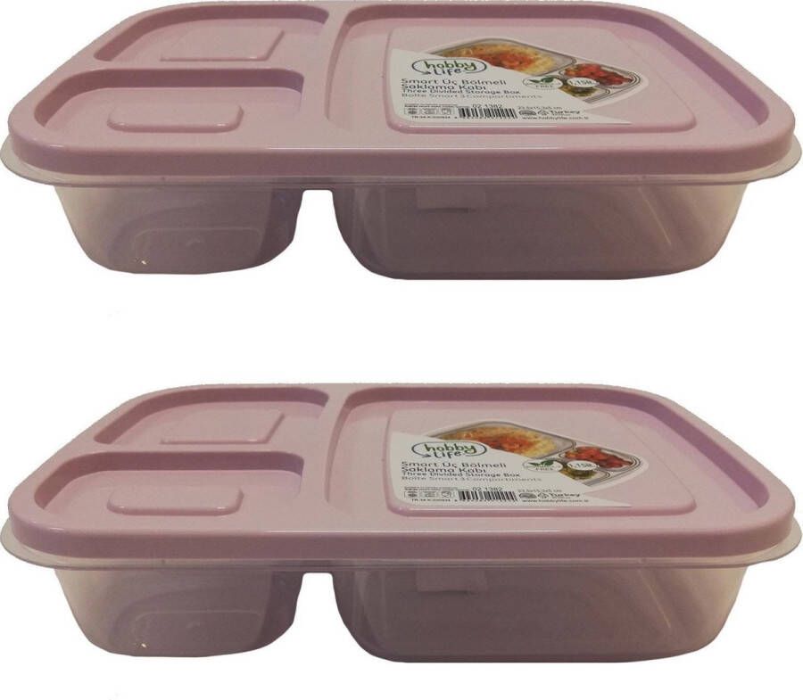 Merkloos Sans marque 2x Lunchboxen bewaarbakjes 3- vaks met deksel 2.6 liter Keukenbenodigdheden Eten bewaren Vershoudbakjes