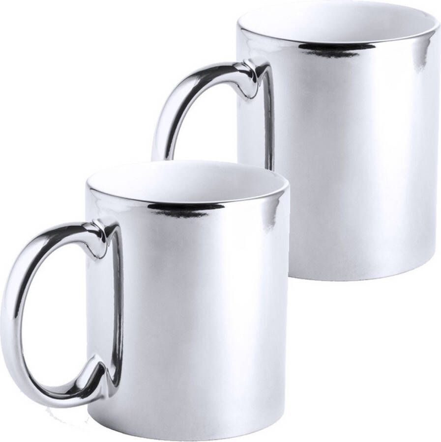 Merkloos Sans marque 2x Metallic zilveren koffiebekers theemokken keramisch 350 ml Servies Bekers mokken