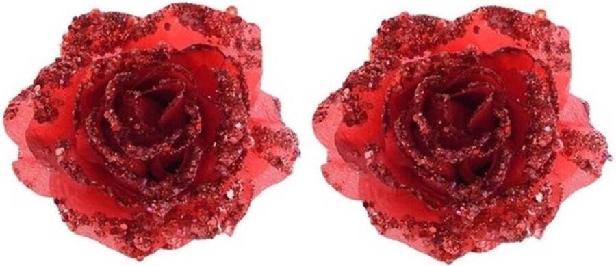 Merkloos Sans marque 2x Rode glitter roos met clip Kerst kerstboom rode glitter rozen op clip 2 stuks