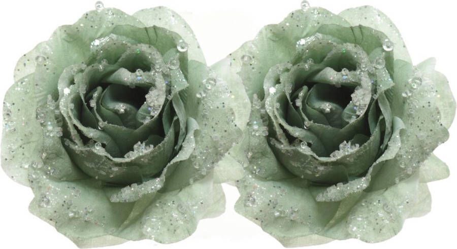 Merkloos Sans marque 2x Salie groene decoratie bloemen rozen op clip 14 cm Kerstversiering woondeco knutsel hobby bloemetjes roosjes