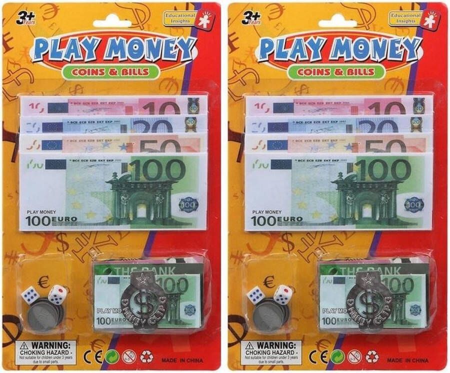Merkloos Sans marque 2x Speelgeld setjes euro met geldclip voor kinderen Speelgoed Speelgeld Nepgeld Geld setjes Bank winkeltje spelen