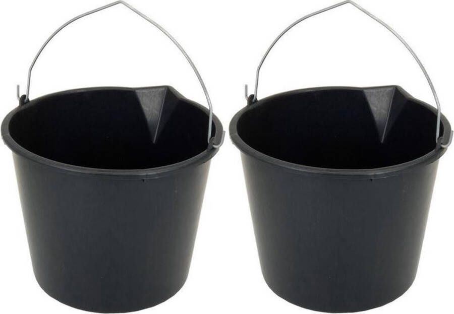 Merkloos Sans marque 2x Stevige zwarte huishoud emmer 12 liter met tuit Huishoudelijke producten Huishoudemmers klusemmers bouwemmers schoonmaakemmers