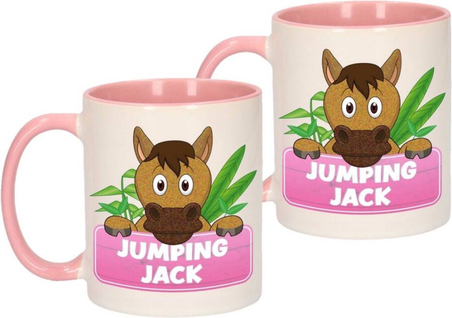 Merkloos Sans marque 2x stuks 1x Jumping Jack beker mok roze met wit 300 ml keramiek paarden bekers