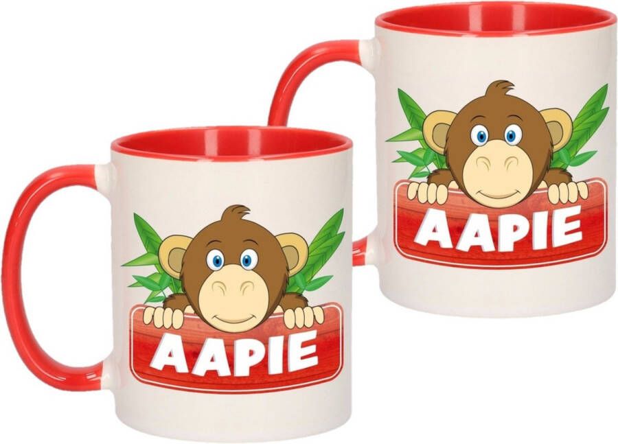 Merkloos Sans marque 2x stuks aapie beker mok rood met wit 300 ml keramiek apen bekers