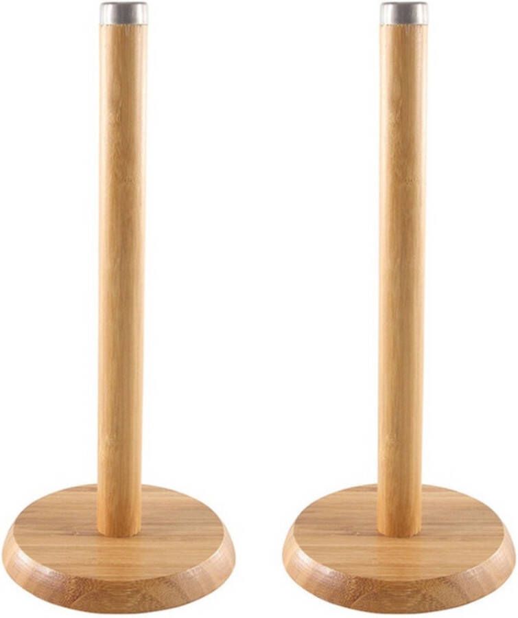 Merkloos Sans marque 2x stuks bamboe houten keukenrolhouders rond 14 x 32 cm Keukenpapier keukenrol houders van hout