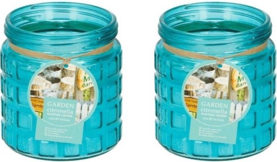 Merkloos Sans marque 2x stuks citronella kaarsen tegen insecten in glazen pot 12 cm blauw Anti muggen insecten