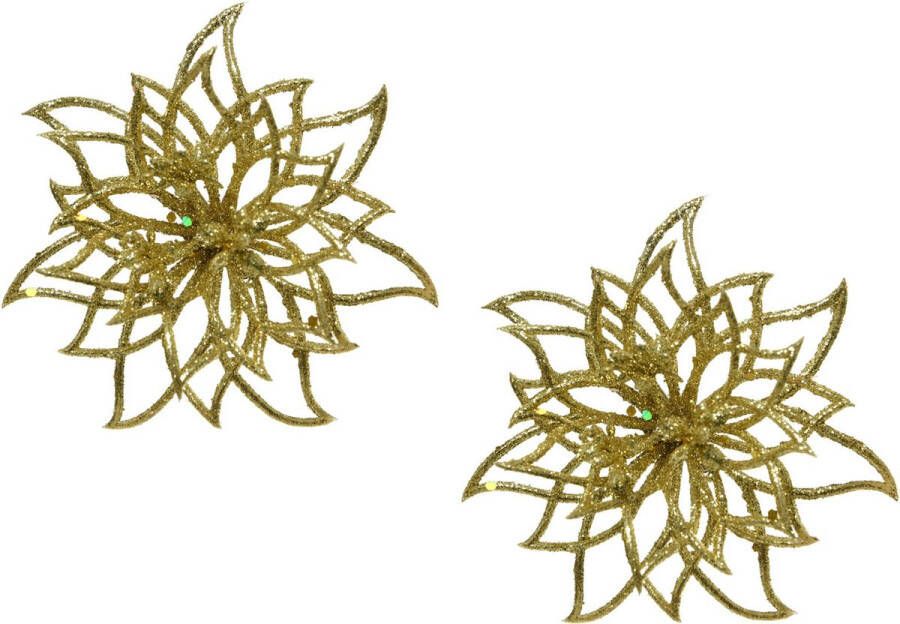 Merkloos Sans marque 2x stuks decoratie bloemen kerststerren goud glitter clip 14 cm Decoratiebloemen kerstboomversiering kerstversiering