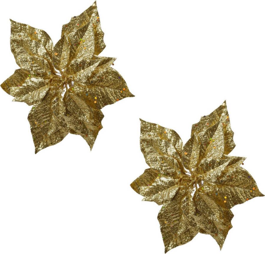 Merkloos Sans marque 2x stuks decoratie bloemen kerststerren goud glitter op clip 23 cm Decoratiebloemen kerstboomversiering