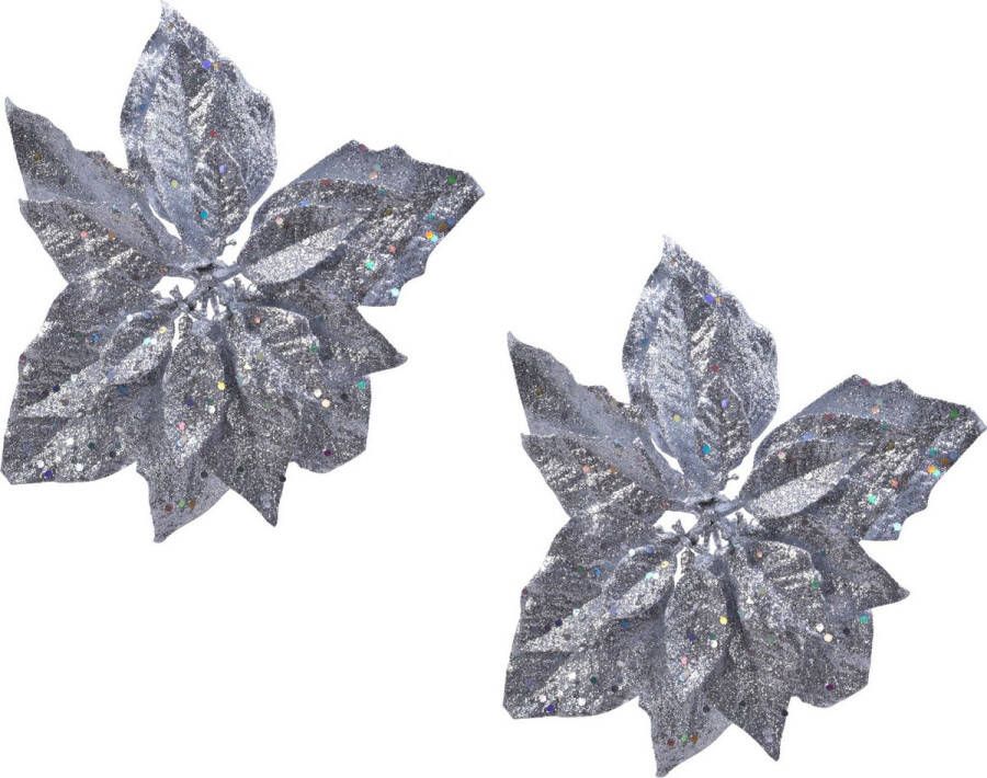 Merkloos Sans marque 2x stuks decoratie bloemen kerststerren zilver glitter op clip 23 cm Decoratiebloemen kerstboomversiering