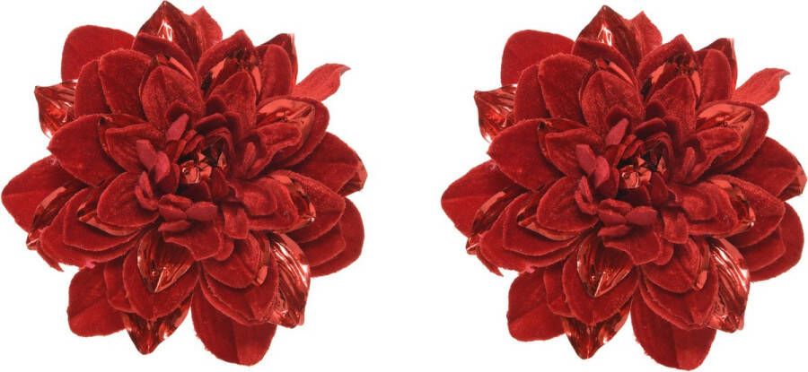 Merkloos Sans marque 2x stuks decoratie bloemen velvet rood op clip 16 cm Decoratiebloemen kerstboomversiering kerstversiering
