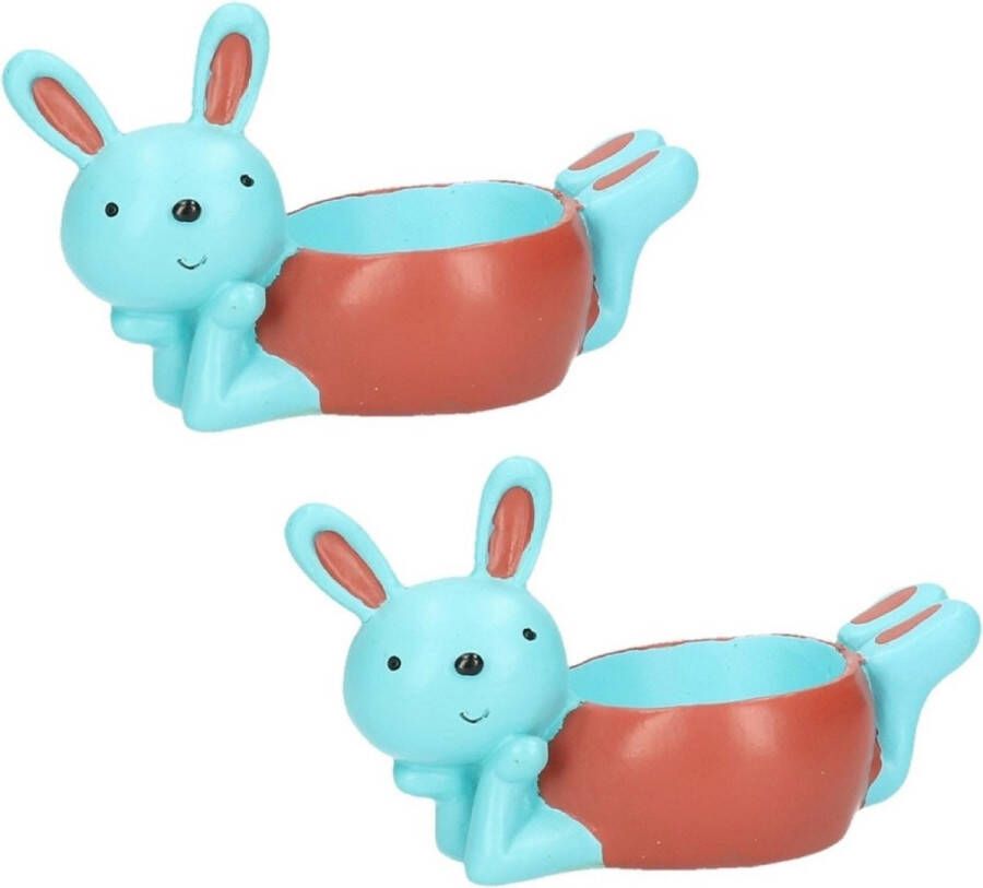 Merkloos 2x stuks eierdopjes liggende konijn haas blauw rood 10 x 6 cm Eierdopjes