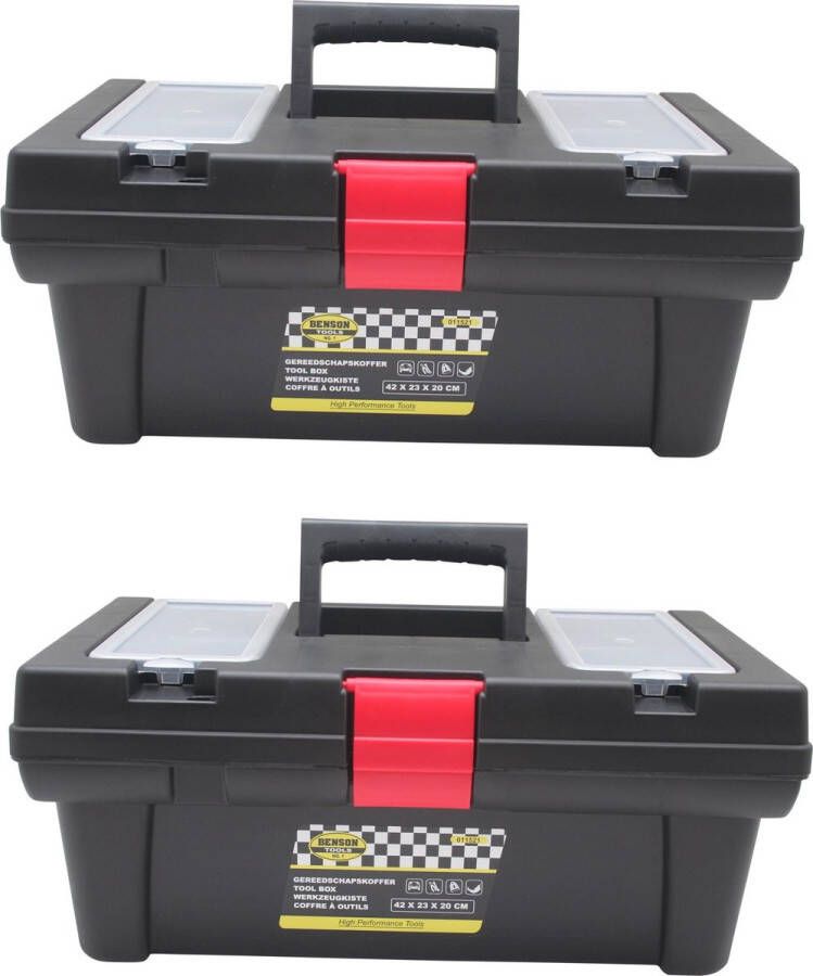 Merkloos Sans marque 2x stuks gereedschapskisten koffers met opbergvakken 42 x 23 x 18 cm gereedschap opbergen klusbenodigdheden gereedschapskisten