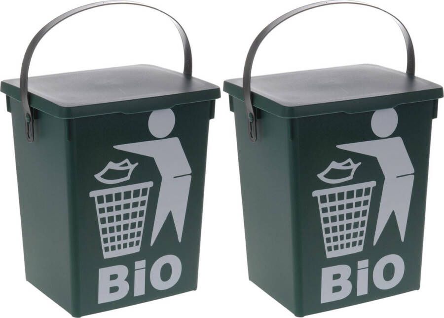 Merkloos Sans marque 2x Stuks groene vuilnisbak afvalbak voor gft organisch afval 5 liter Prullenbakken vuilnisbakken afvalbakken