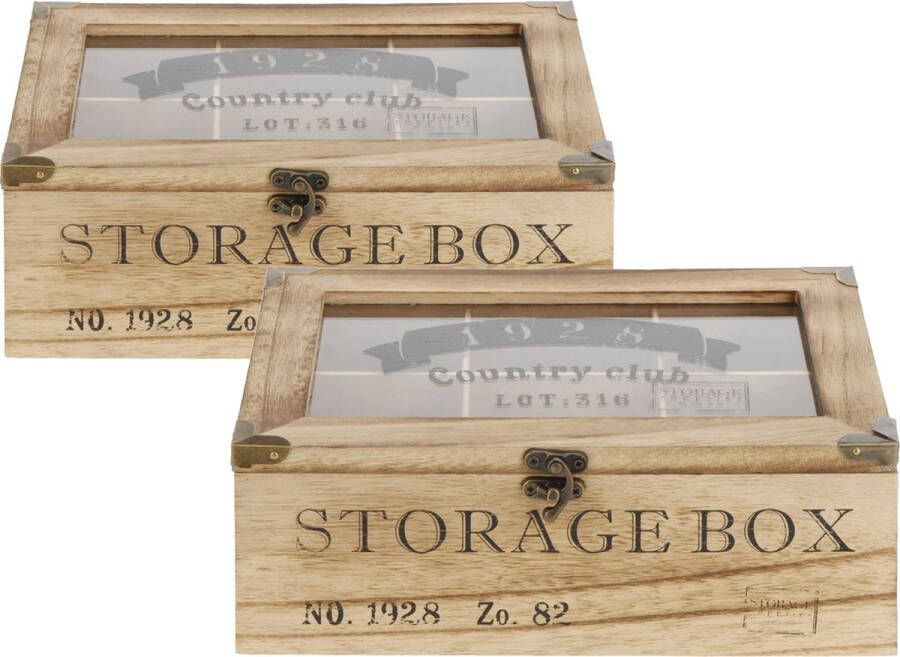 2x stuks houten theedoos bruin Storage Box 9-vaks 25 x 25 x 9 cm