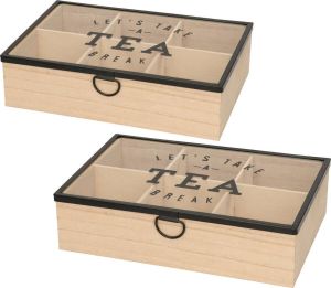 Merkloos Sans marque 2x stuks houten theedoos bruin Tea break 6-vaks 25 cm