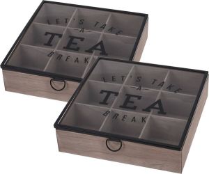 Merkloos Sans marque 2x stuks houten theedoos bruin Tea break 9-vaks 25 cm