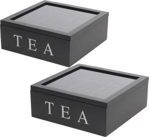 Merkloos Sans marque 2x stuks houten theedoos zwart 9-vaks 23 cm