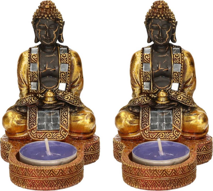 Merkloos Sans marque 2x stuks indische boeddha theelichthouders goud zwart 12 cm Waxinelichthouders
