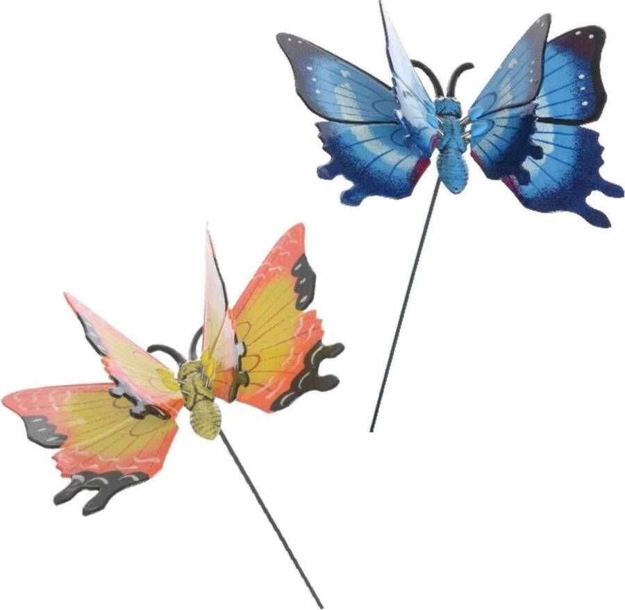 Merkloos Sans marque 2x stuks Metalen deco vlinders blauw en geel van 17 x 60 cm op tuinstekers Dieren decoratie tuin beeldjes beelden