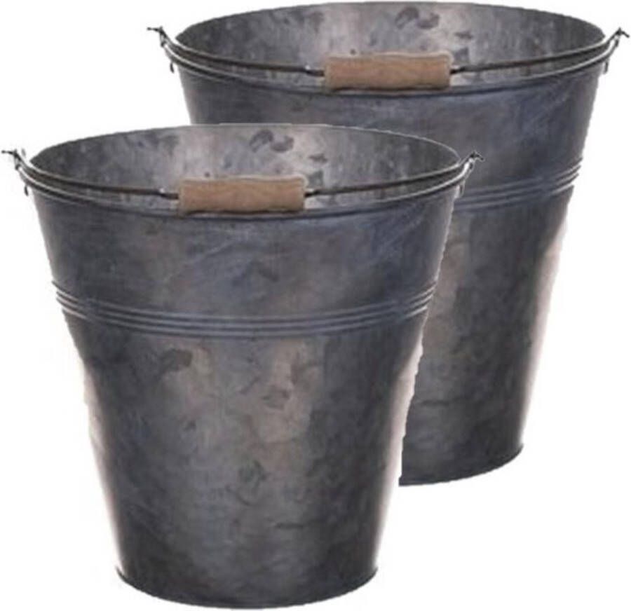 Merkloos Sans marque 2x stuks metalen zinken emmer grijs 13 liter Huishoud dranken emmers Bloempot plantenpot