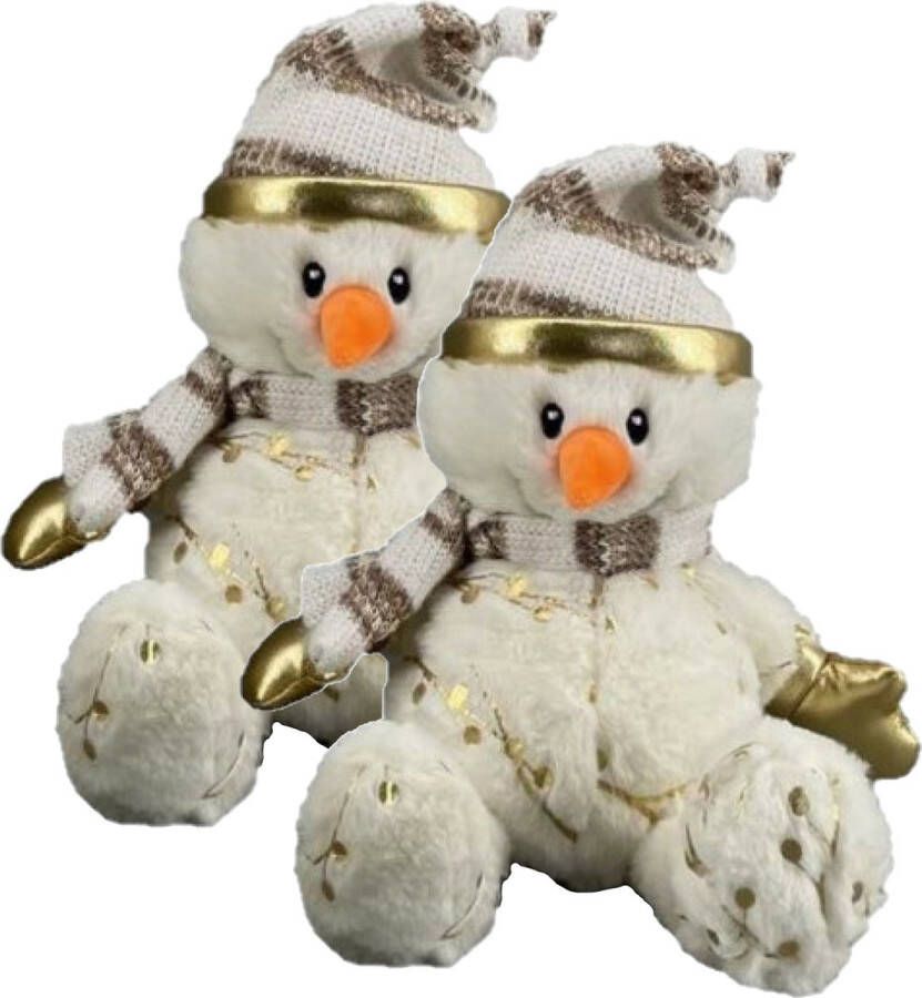 Merkloos 2x stuks pluche sneeuwpop knuffels pop met muts en sjaal 23 cm Knuffelpop