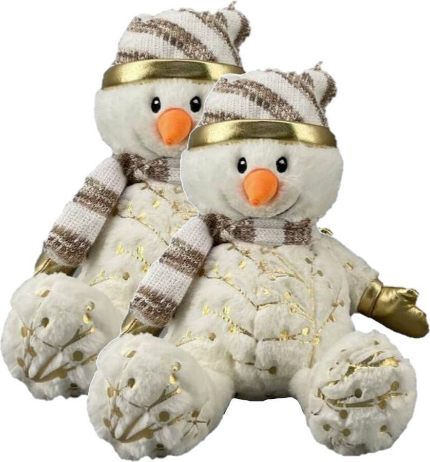 Merkloos 2x stuks pluche sneeuwpop knuffels pop met muts en sjaal 28 cm Knuffelpop