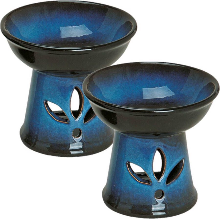 Merkloos Sans marque 2x stuks ronde keramische geurbrander oliebrander blauw zwart 13 cm Waxbrander Aromabrander Geurbranders Geuroliebranders